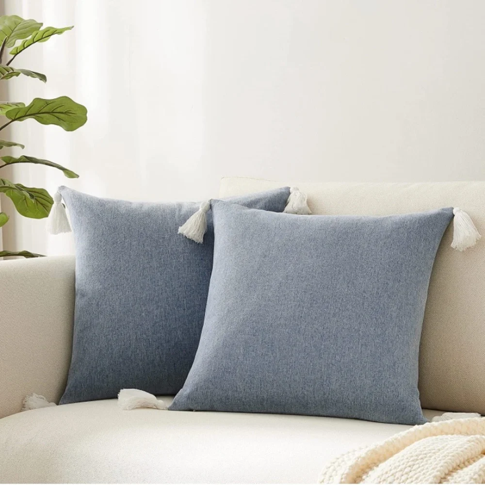 Luxury Home | Boho Coastal Misty Blue & White Tassel Corner Throw Pillow Covers
